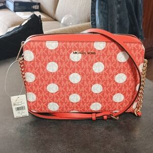 Michael Kors Large East/West Coral Polka Dot MK Signature Crossbody